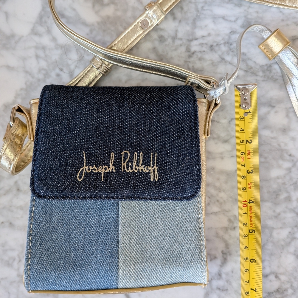 Joseph Ribkoff Blue Denim & Gold Mini Crossbody Purse Bag Tassel - Picture 4 of 7